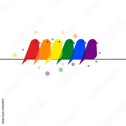 Birds with pride flag colours sitting together on a wire . Pride month celebration concept