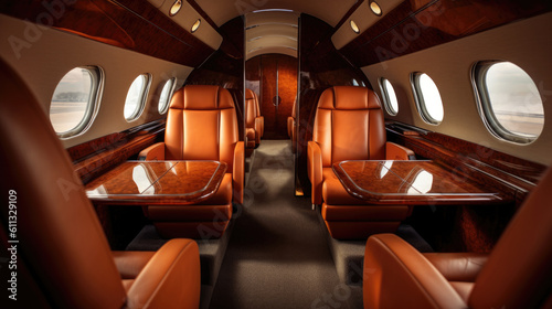 Luxurious red expensive leather interior, business class, first, in a private jet. generated ai. © Valeriia