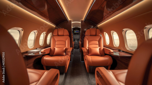 Luxurious empty expensive leather interior, business class, first, in a private jet. generated ai. © Valeriia