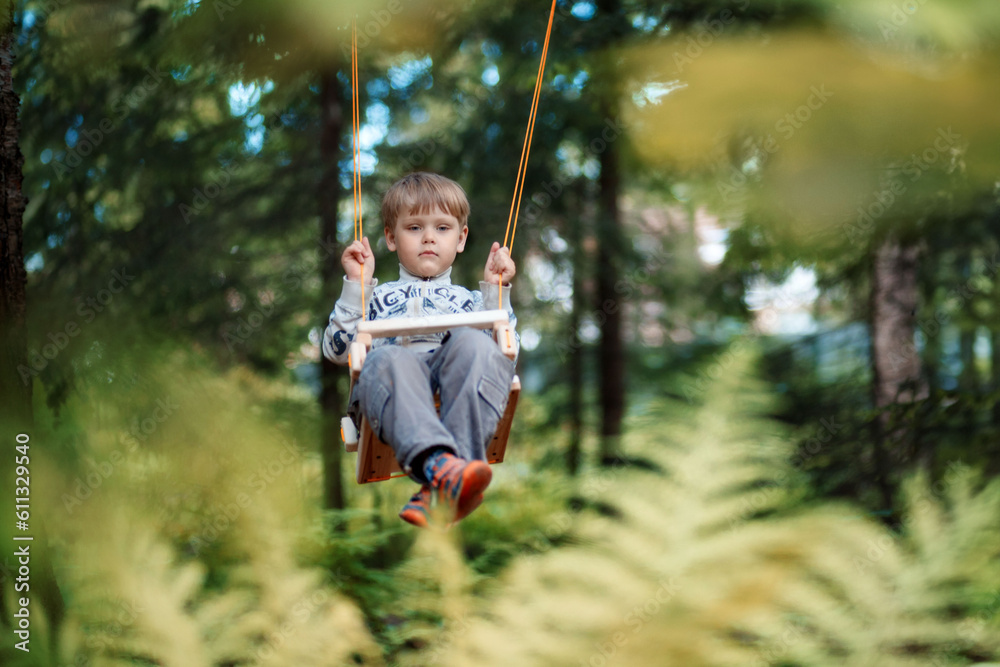cute little boy having fun on a swing at playground. Summer vacation in the nature.