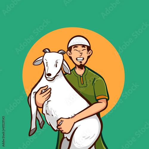 Illustration cartoon vector of muslim man with goat for sacrificing event for eid al adha
