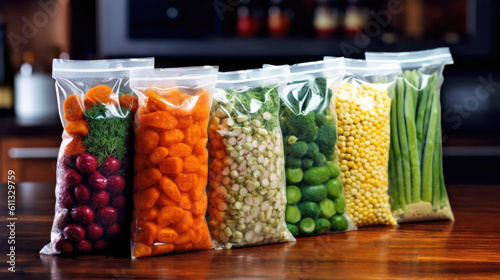 Frozen vegetables in plastic bags, mix, storage, healthy. carrot generated ai.