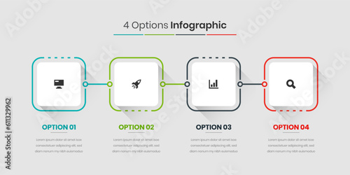 Business Timeline Infographic Presentation with Thin Line Square Label 4 Options and Icons