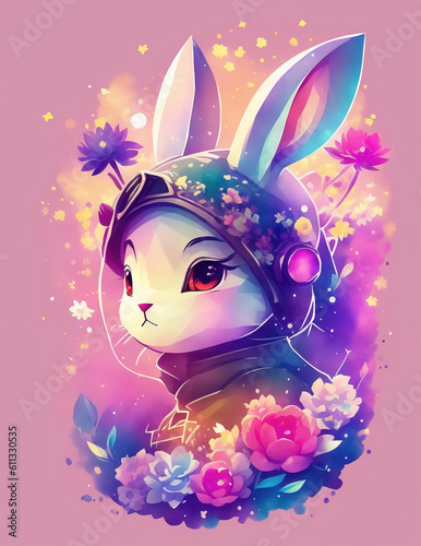 Cute ninja bunny with fantasy flowers around suitable for sticker, clip art, vintage t-shirt illustration. Generative Ai.