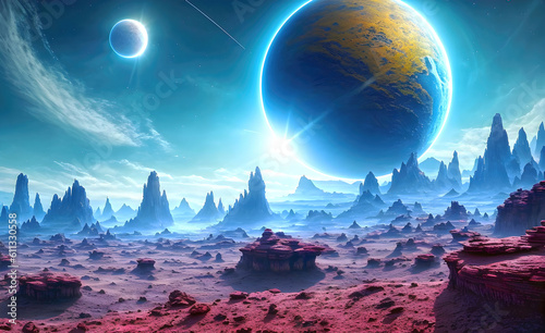 Landscape of an alien planet  beautiful view of red desert on another planet  fictional sci-fi background. Generative AI.