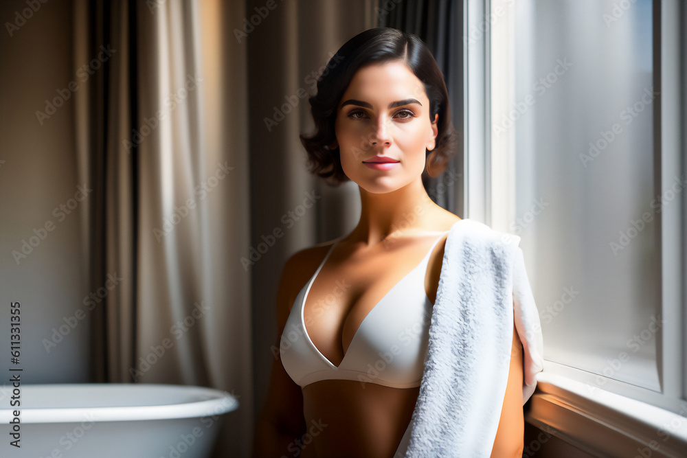 Brunette with short hair and lingerie getting ready to shower in the bathtub. Generative AI_20. - obrazy, fototapety, plakaty 