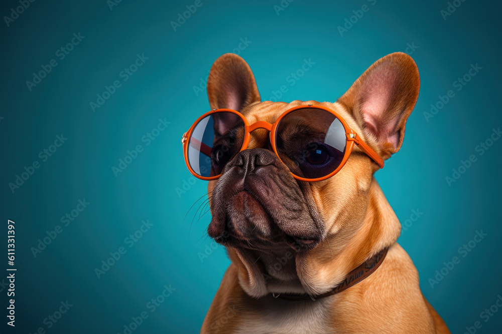 Cute and happy french bulldog dog wearing cool sunglasses in summer on a colorful background. Generative Ai
