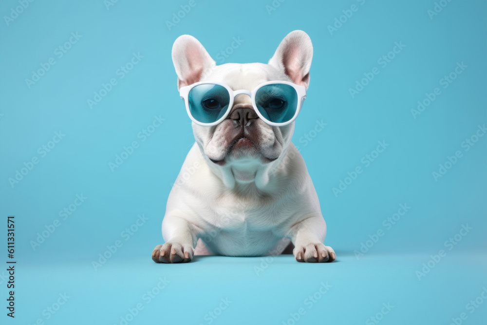 Cute and happy french bulldog dog wearing cool sunglasses in summer on ...