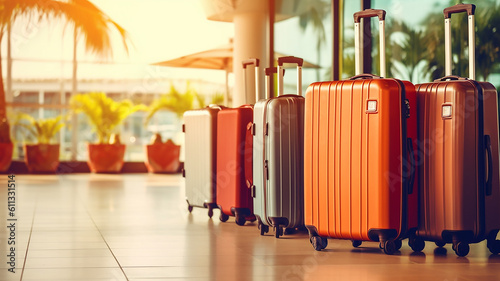 valigie per i bagagli all'aeroporto ampio banner con area di copia per vacanze e concetti di viaggio per le vacanze photo