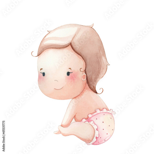 Cute baby in a diaper Watercolor illustration.