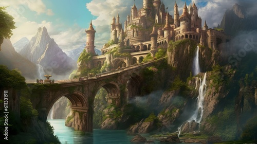Enchanting HD Depictions of Fantasy Worlds: Immerse Yourself in a Breathtaking Journey of Magic and Imagination, bridge over the river in the mountains, wallpaper, Generative AI
