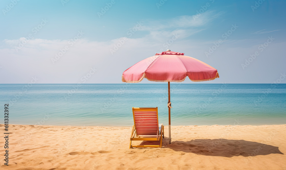 Tranquil Beach Getaway: Sunny Day, Blue Sea, and Pink Parasol. Created using generative AI tools