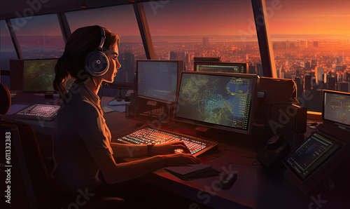 Young woman dispatcher works while looking at monitors. Created using generative AI tools
