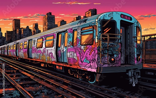 Subway train painted in graffiti on the tracks with New York city in background at sunset. Generative Ai illustration