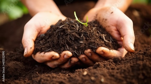 Hand of male holding soil in the hands for planting. Generative AI