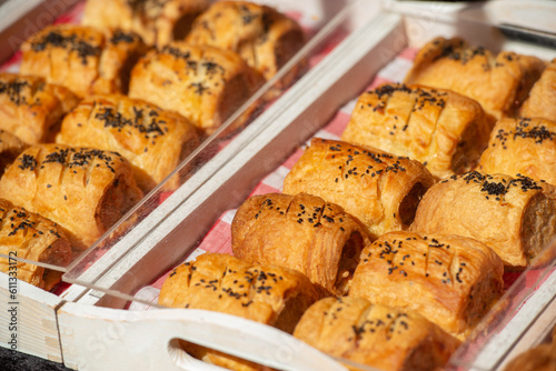Background of sausage rolls on the table