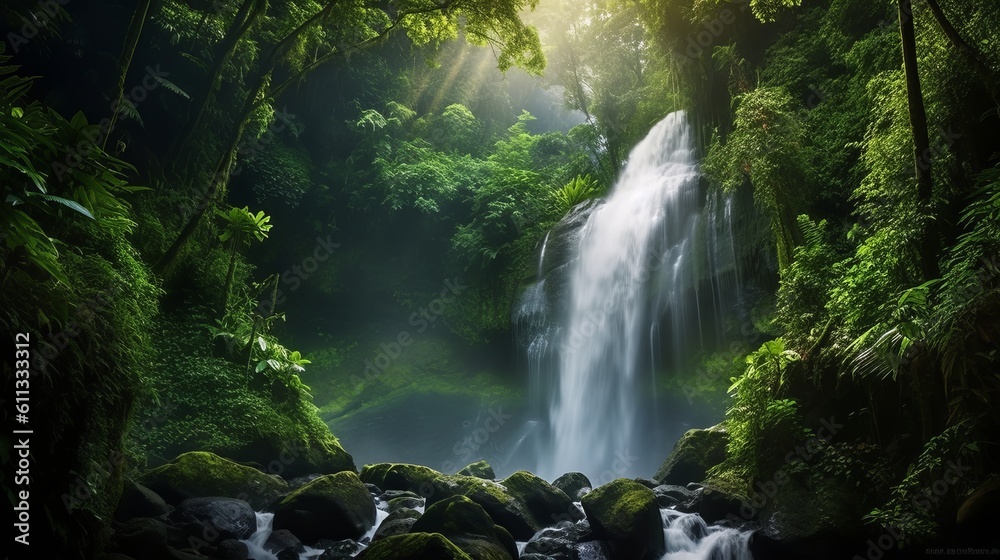 Captivating Nature's Majesty: Cascading Waterfall in Lush Rainforest | Illustration in Realistic Style - waterfall in the forest, Generative AI