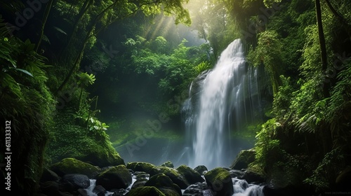 Captivating Nature's Majesty: Cascading Waterfall in Lush Rainforest   Illustration in Realistic Style - waterfall in the forest, Generative AI © Ameer