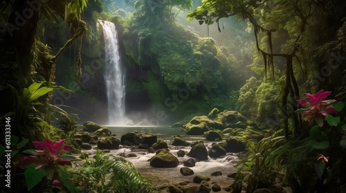 Captivating Nature s Majesty  Cascading Waterfall in Lush Rainforest   Illustration in Realistic Style - waterfall in the forest  Generative AI