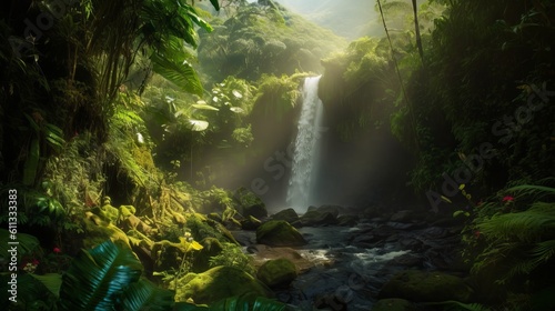 Captivating Nature s Majesty  Cascading Waterfall in Lush Rainforest   Illustration in Realistic Style - waterfall in the jungle  Generative AI