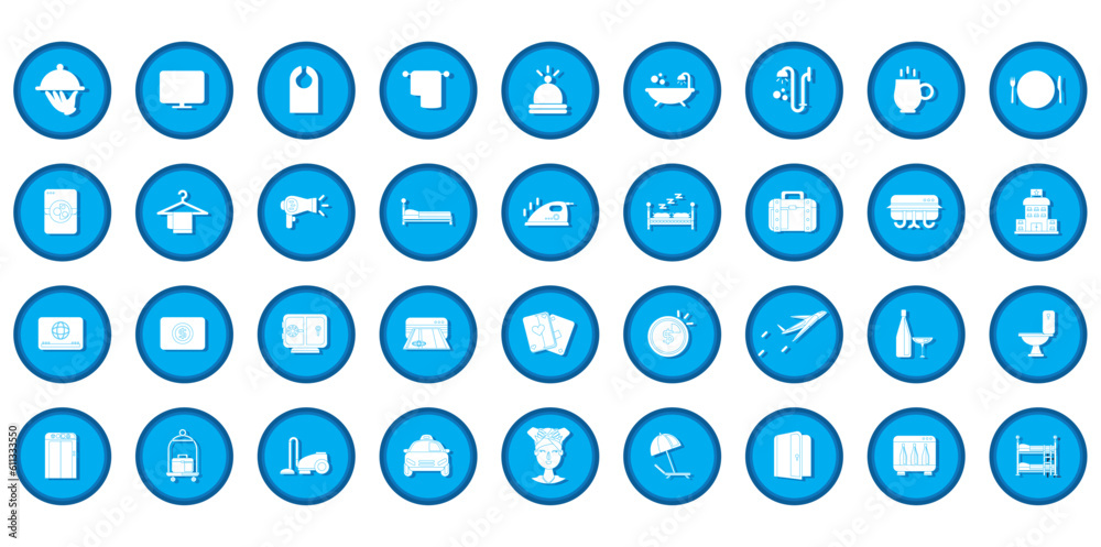 vector icon set of hotel stuff on blue background