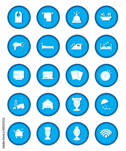 vector icon set of hotel stuff on blue background