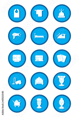 vector icon set of hotel stuff on blue background