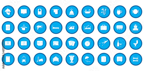 vector icon set of hotel stuff on blue background