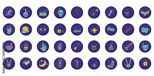 magic vector icon set with purple background and round shape