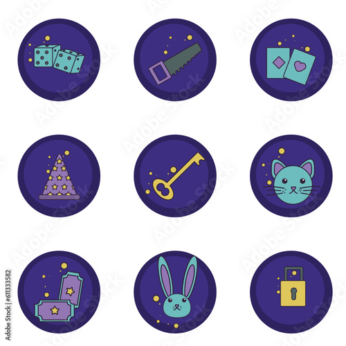 magic vector icon set with purple background and round shape
