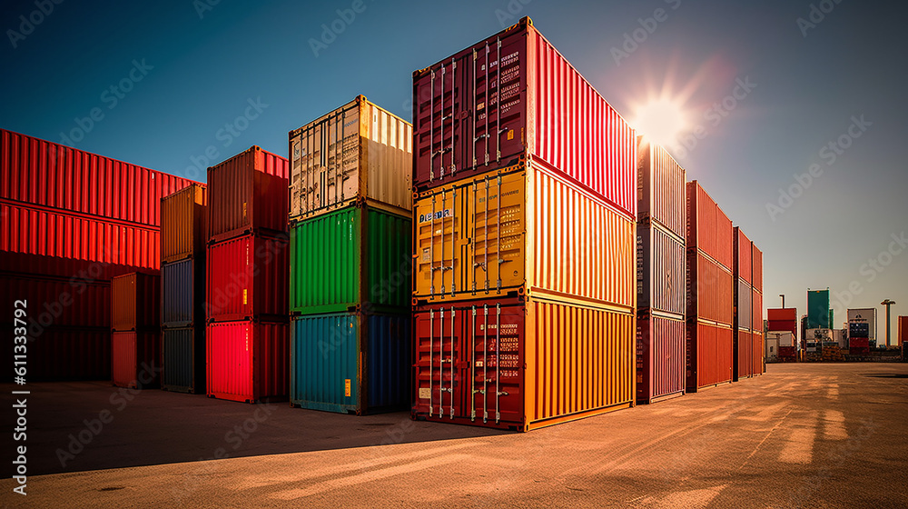 Generative AI image of towering stacks of shipping containers at the ...