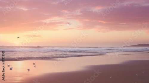 Tranquil Sunrise Beach: Serene Nature Scene with Pink, Purple, and Orange Sky, sunset on the sea, beach wallpaper, Generative AI © Ameer