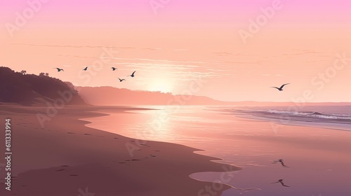 Tranquil Beach at Sunrise: Peaceful Nature Scenes Background in Ethereal Colors, sunset on the beach, sunset over the sea, beach wallpaper, Generative AI