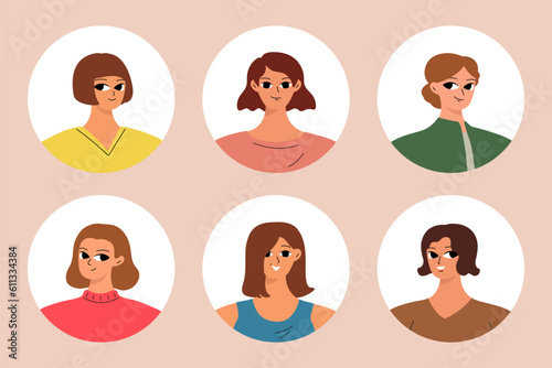 Collection of different people avatars. Round icons with smiling women