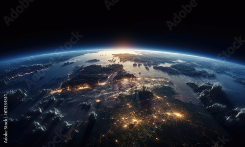 Planet earth in viewed from space from space  atmospheric lighting  panoramic scale  Blue planet. Generative Ai.