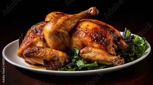 Homemade baked chicken with lemon on wooden background. roasted chicken. generative ai