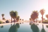 A minimalist landscape with a scenic desert oasis or palm grove, Generative AI