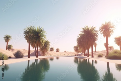 A minimalist landscape with a scenic desert oasis or palm grove, Generative AI © BERNARDO