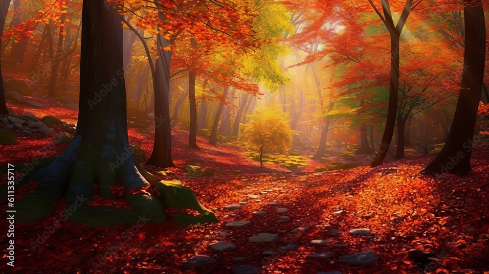 Enchanting Autumn Forest: Vibrant Foliage, Warm Glow, and Rustling Leaves, autumn in the forest, Generative AI