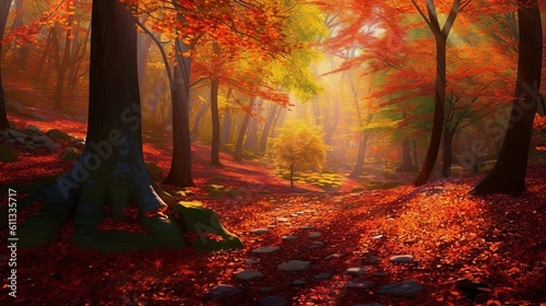 Enchanting Autumn Forest: Vibrant Foliage, Warm Glow, and Rustling Leaves, autumn in the forest, Generative AI