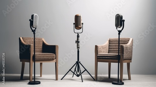 Two Chairs and Microphones Set for a Podcast or Interview Session, Presented on a White Background - Generative AI Illustration