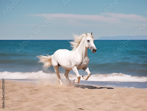 Beautiful horse run along the shore of the sea. Generative AI.