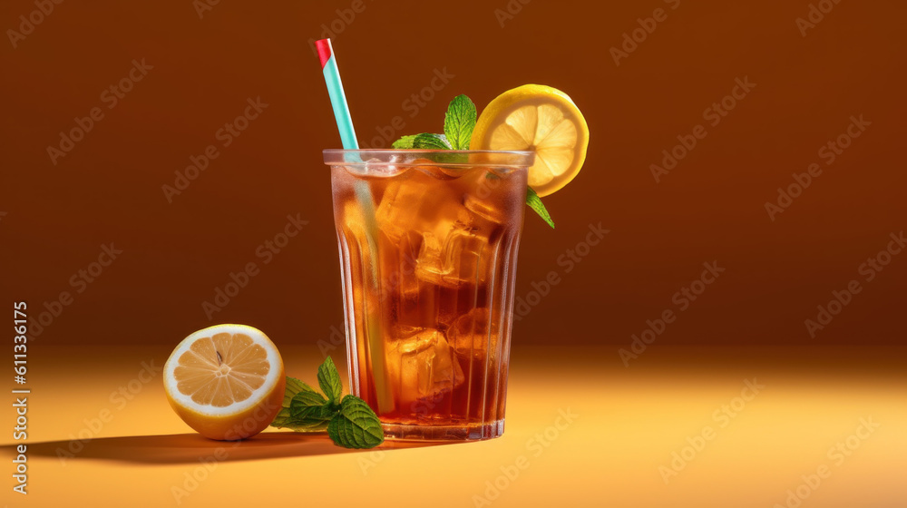 Fototapeta premium tea with lemon and ice cube. generative ai