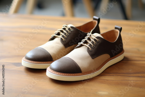 A brown and beige pair of oxford shoes