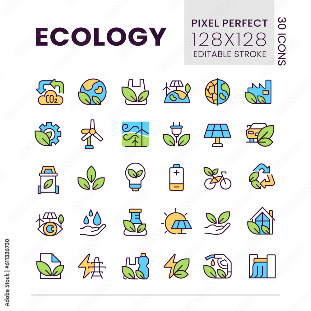 Ecology pixel perfect RGB color icons set. Nature protection. Sustainable energy sources. Isolated vector illustrations. Simple filled line drawings collection. Editable stroke. Poppins font used
