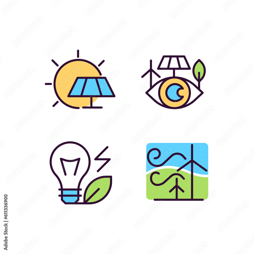 Alternative power sources pixel perfect RGB color icons set. Sustainable energy. Eco friendly industry. Isolated vector illustrations. Simple filled line drawings collection. Editable stroke Alternative power sources pixel perfect RGB color icons set. Sustainable energy. Eco friendly industry. Isolated vector illustrations. Simple filled line drawings collection. Editable stroke