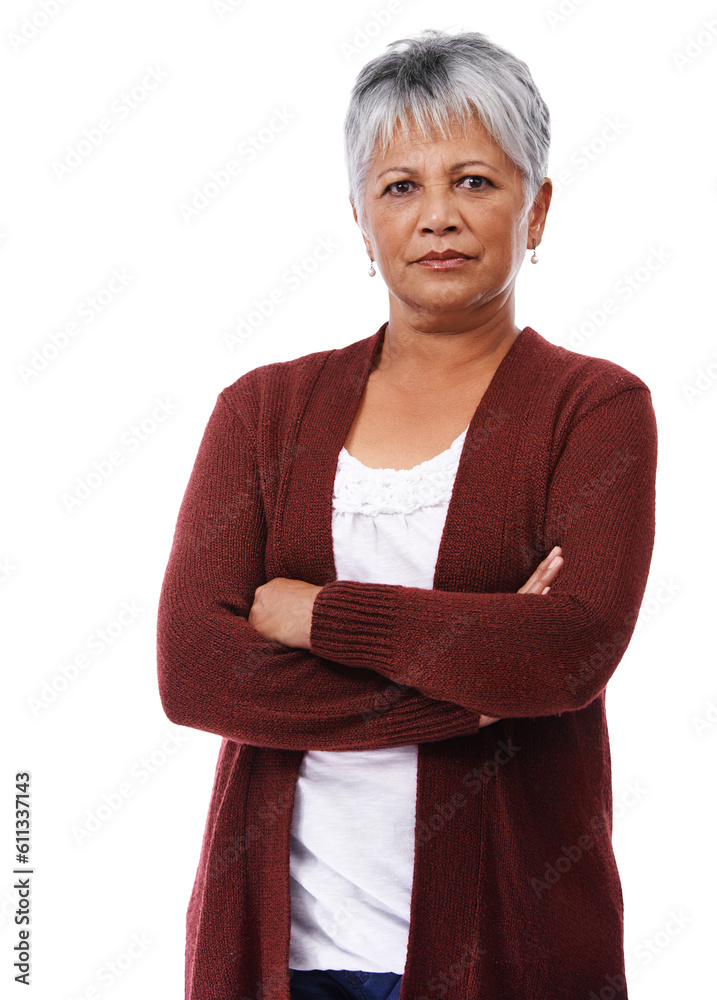 Portrait of serious mature woman, arms crossed and isolated on transparent png background with confidence and pride. Senior lady, standing proud and confident with tough expression and casual fashion Portrait of serious mature woman, arms crossed and isolated on transparent png background with confidence and pride. Senior lady, standing proud and confident with tough expression and casual fashion