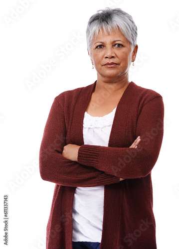 Fotografia Portrait of serious mature woman, arms crossed and isolated on transparent png background with confidence and pride