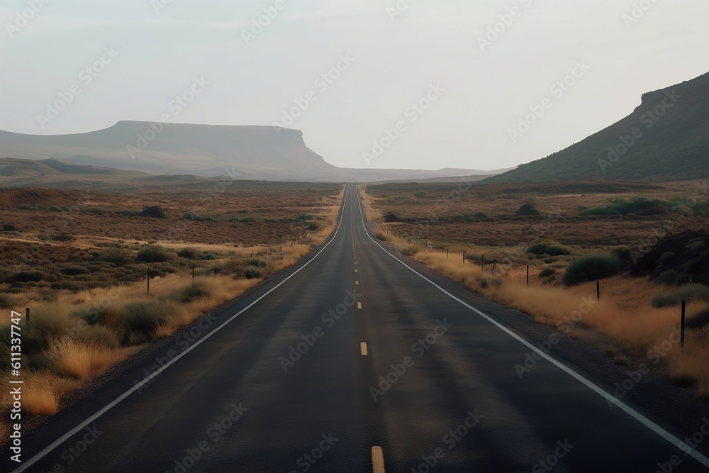 Driving on the country road amid the arid landscape by generative AI