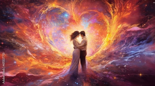A couple hold each other with a backdrop of a colorful heart sky.
